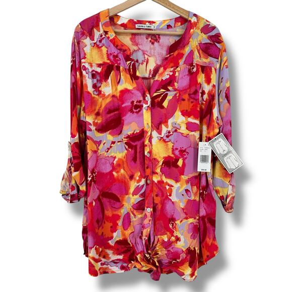 Figueroa & Flower Tie Front V Neck Shirt Womens Plus Size 1X Coral Floral Print - Picture 5 of 7